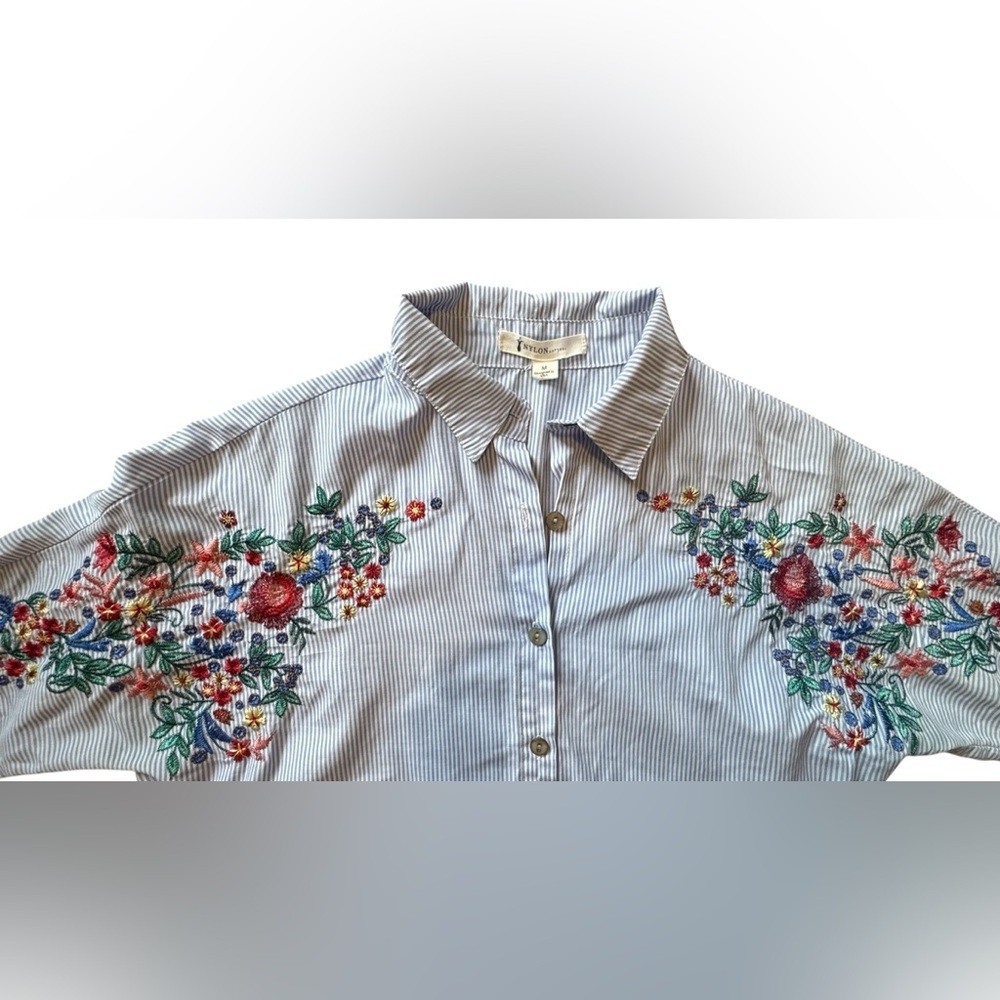 NYLON APPAREL women's embroidered striped button up blouse in blue - Picture 3 of 7